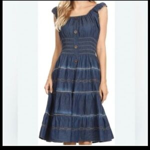 Indigo Lace Blue Buttoned Midi Dressi